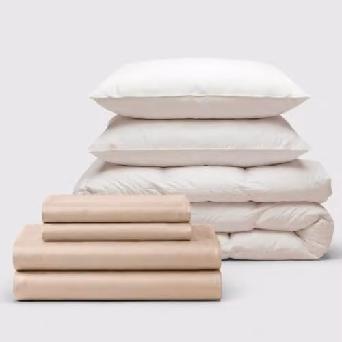 Bedable Sateen Move-In Bedding Bundle in Beige, 100% Cotton 460 Thread Count with Duvet, Fitted Sheet, Duvet Cover and 2 Pillows