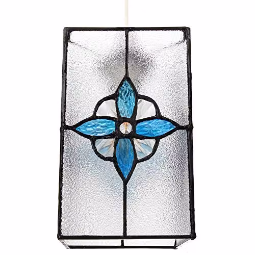 Happy Homewares Vintage Rectangular Tiffany Style Glass Pendant Light Shade in Transparent Petrol Blue, Height: 21 cm – 1