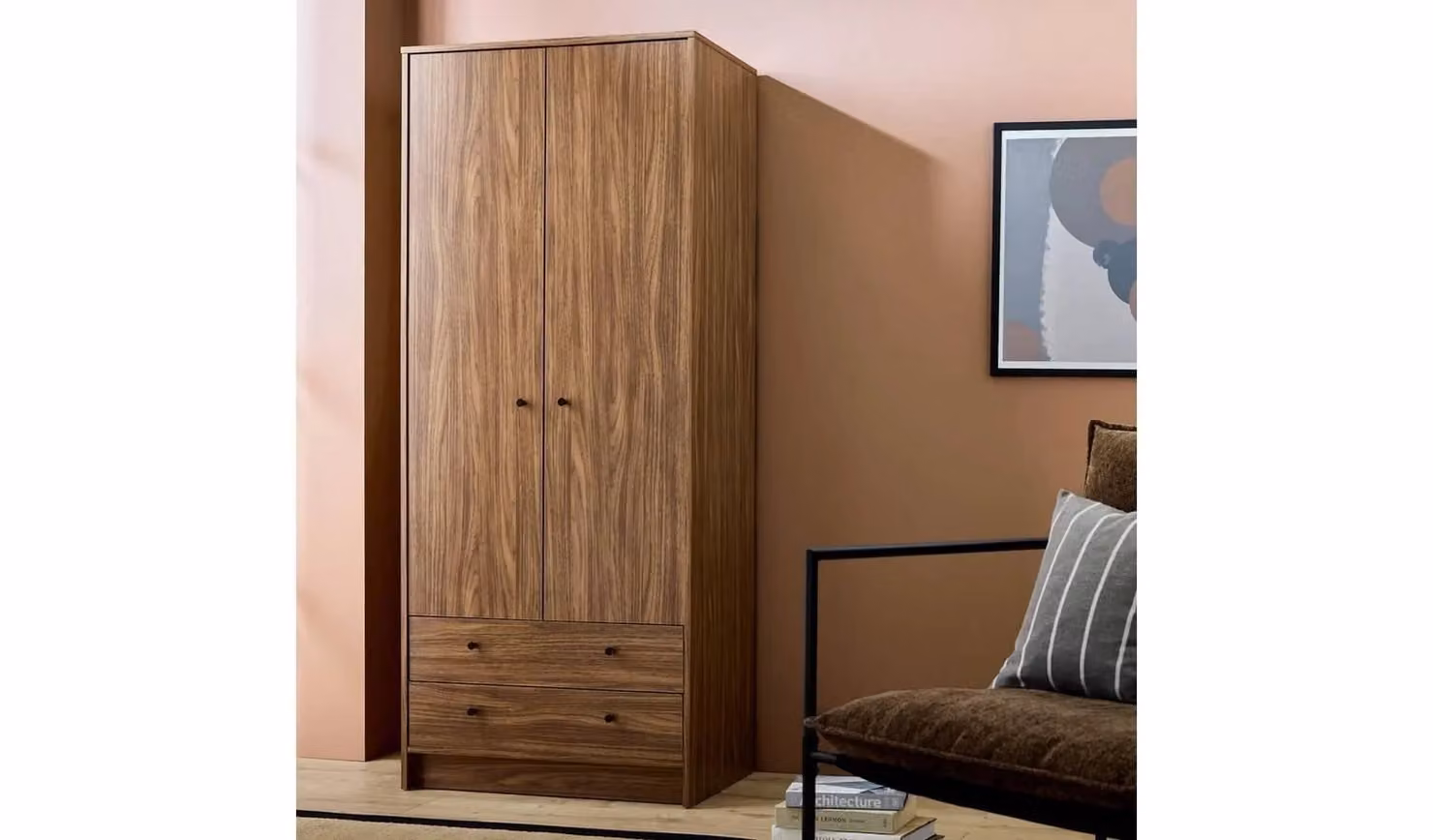 Malibu 2 Door 2 Drawer Wardrobe in Brown and Black with Hanging Rod and Internal Drawers, H 180.5 x W 74.8 x D 49.8 cm