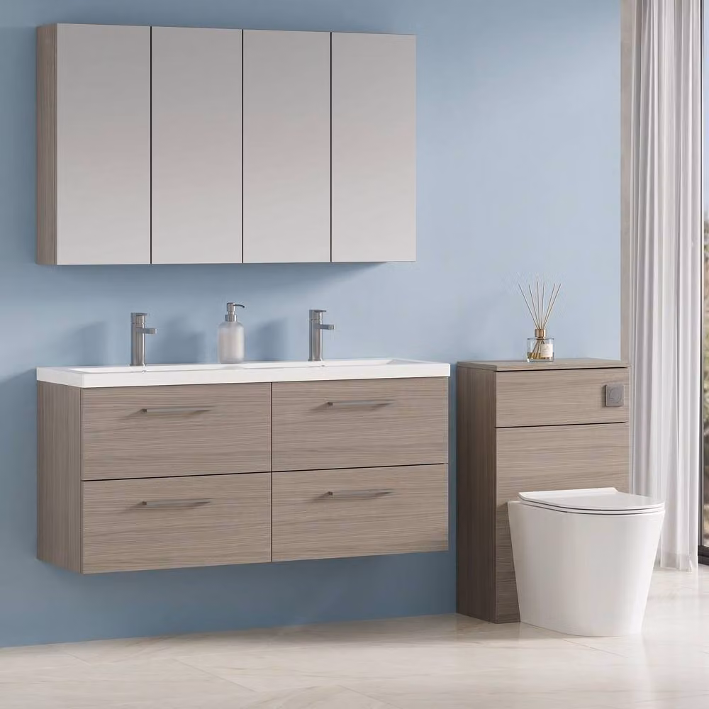 Balterley Solace Oak 1200mm Wall Hung Double Basin 4 Drawer Vanity Unit in Brown – 2