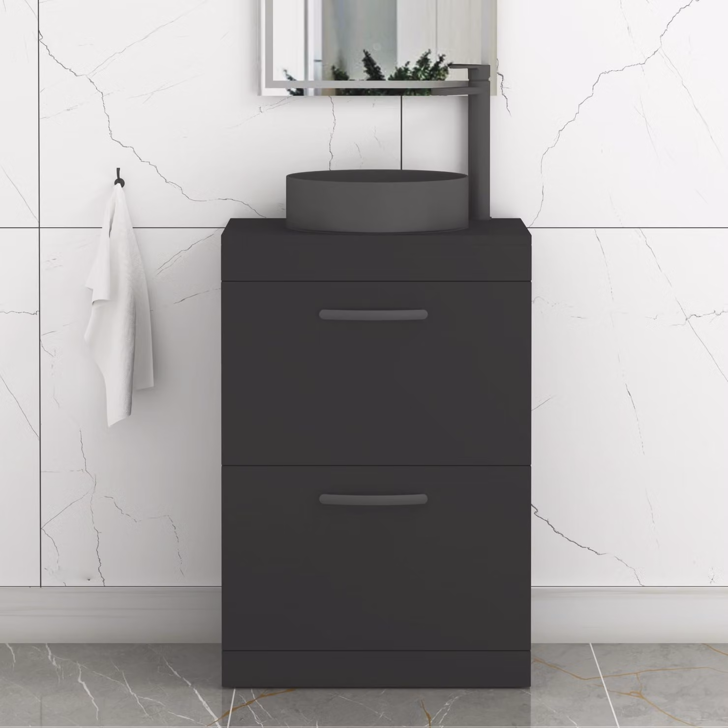 Royal Bathrooms Turin 600mm Floor Standing 2 Drawer Vanity Unit in Matt Black with Art Round Countertop Basin and Matt Black Handle