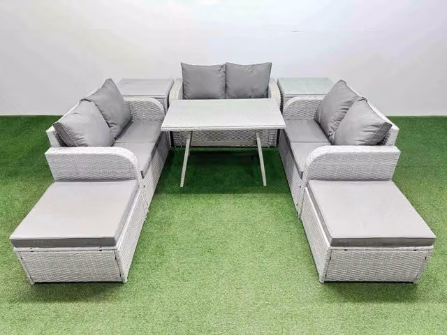 Fimous 8-Seater Patio Set with Rectangular Table, Love Sofa and 2 Side Tables in Light Grey