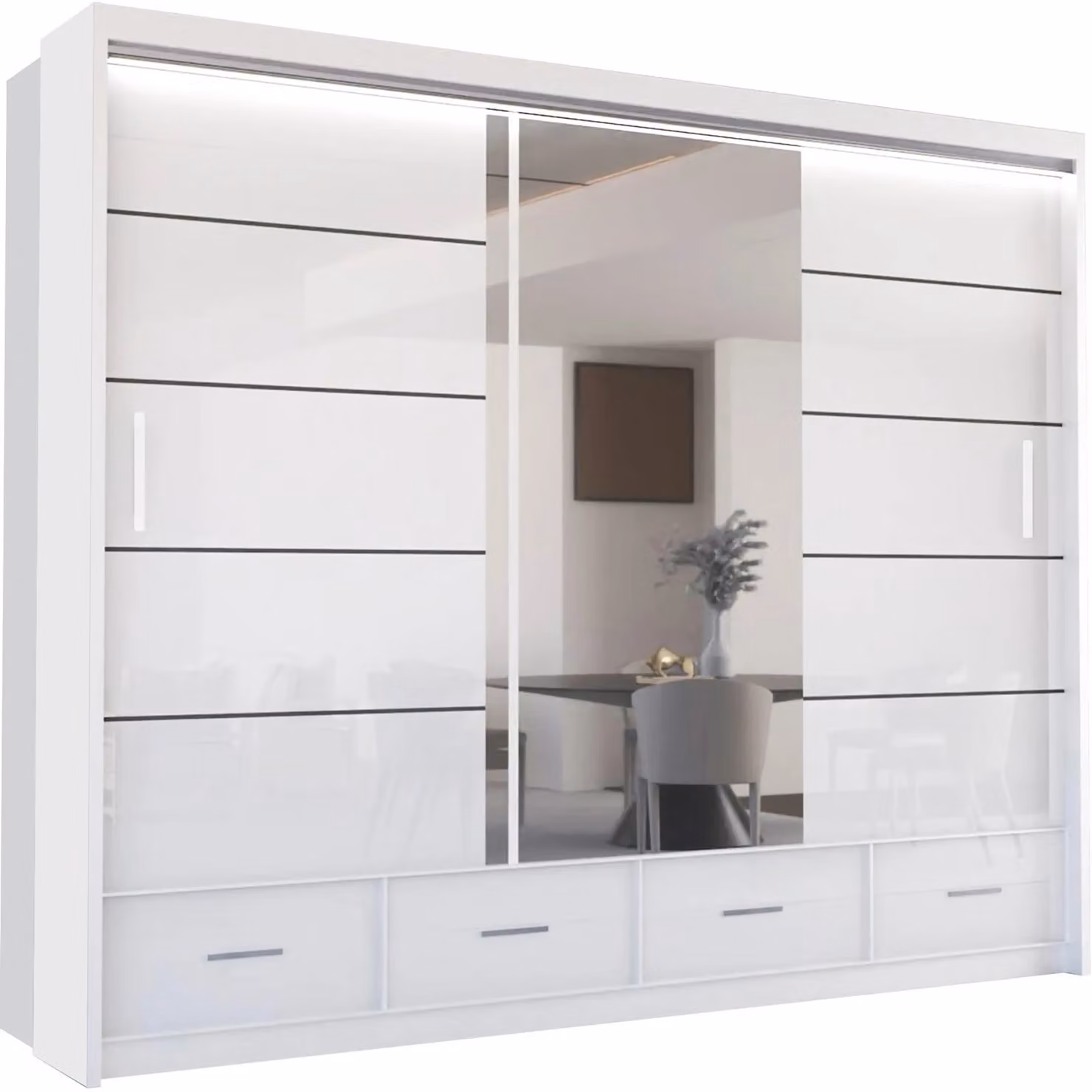Sliding Wardrobes 4U Luxury High Gloss White Sliding Wardrobe with Integrated LED Lighting W: 255 cm, H: 220 cm – 2