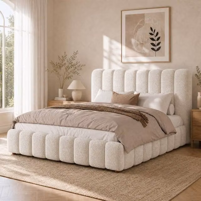 STILVORA Super King Upholstered Bouclé Bed with Hydraulic Lift-Up Storage in White, W/D/H: 180 x 200 x 195 cm – 1