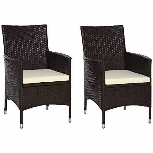 Outsunny 2 Piece Brown Polyrattan Outdoor Armchair Set with Removable Weather Resistant Cushions – 2