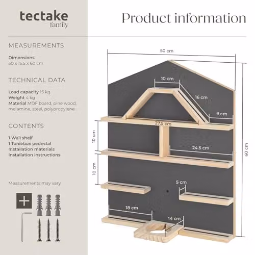 tectake 12 Floating Wooden Wall Shelves for Tonies in Grey House, Toy Storage Unit for Childrens Bedroom and Playroom – 2