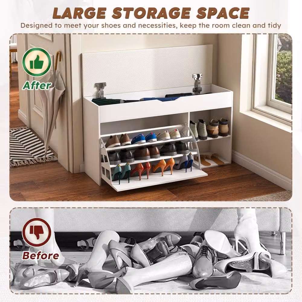 Matteo White Modern Shoe Storage Bench with Synthetic Leather Upholstery – 3