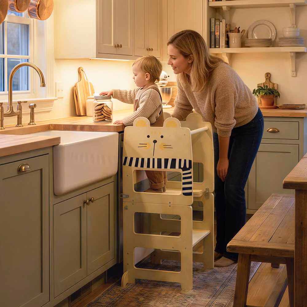 AIYAPLAY Toddler Step Stool with Chalkboard in Sand Beige Wood – 2
