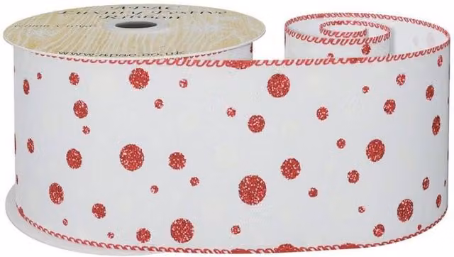 KDMD White Wired Ribbon with Red and White Dots, Width: 6.3 cm, Length: 10 yards