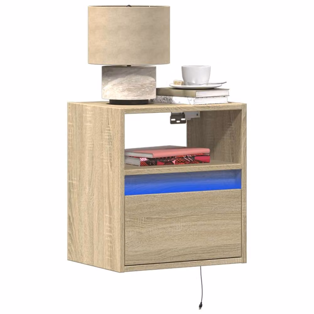 Berkfield Home Wall-mounted Bedside Cabinet with Integrated LED Lights in Sonoma Oak and Beige, W/D/H: 31 x 31 x 45 cm – 2