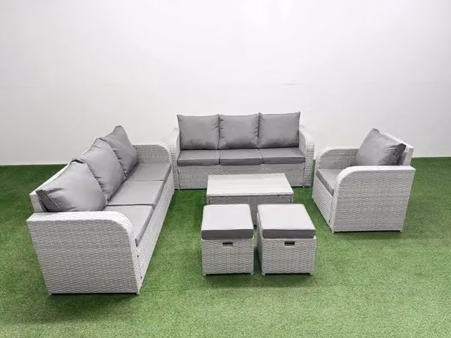 Fimous 9 Seater Poly Rattan Garden Furniture Set in Light Grey with Upholstered Cushions and Coffee Table