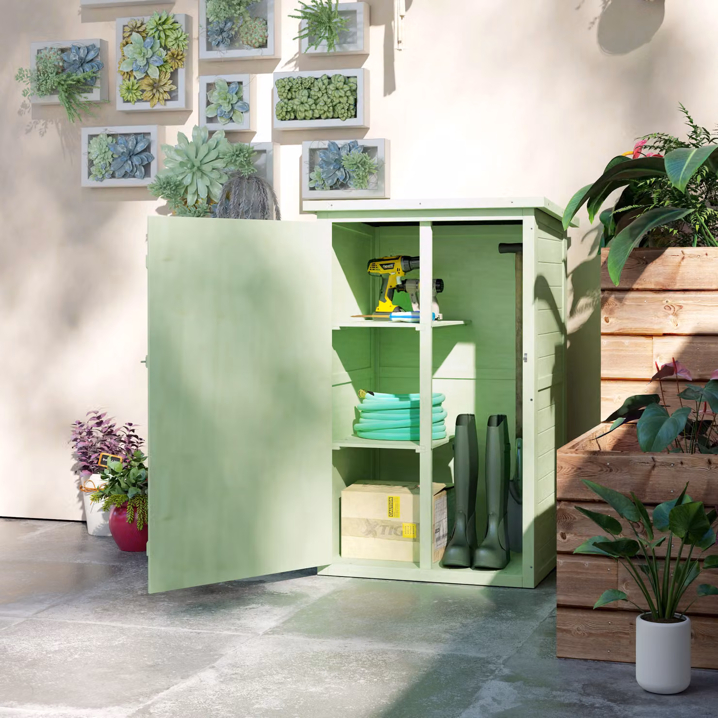Outsunny Green Wooden Garden Storage Shed with Shelves and Bolt Latch, W/D/H: 56 x 75 x 115 cm – 4
