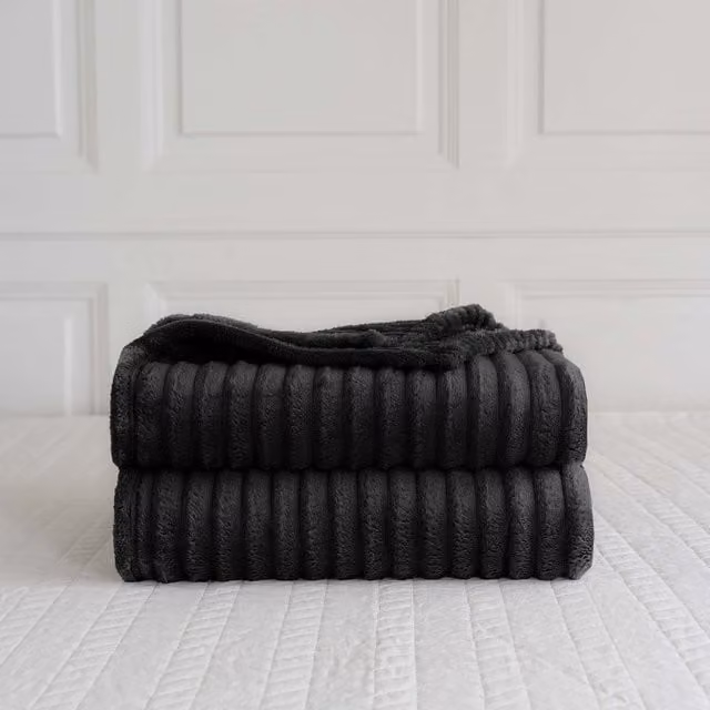 Velosso Black Striped Velvet Plush Throw Blanket, W/D/H: 305 x 305 cm