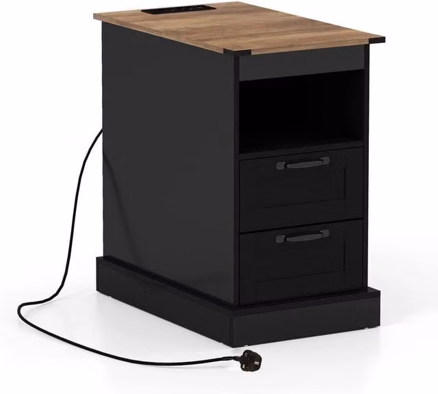 Havendro Rustic Wood Bedside End Table with Charging Grommet in Black and Multicolour – 1