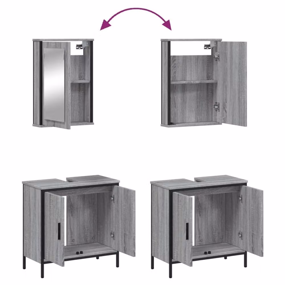 Berkfield Home Modern 2 Piece Grey Bathroom Furniture Set with Mirror Cabinet and Vanity Unit – 3