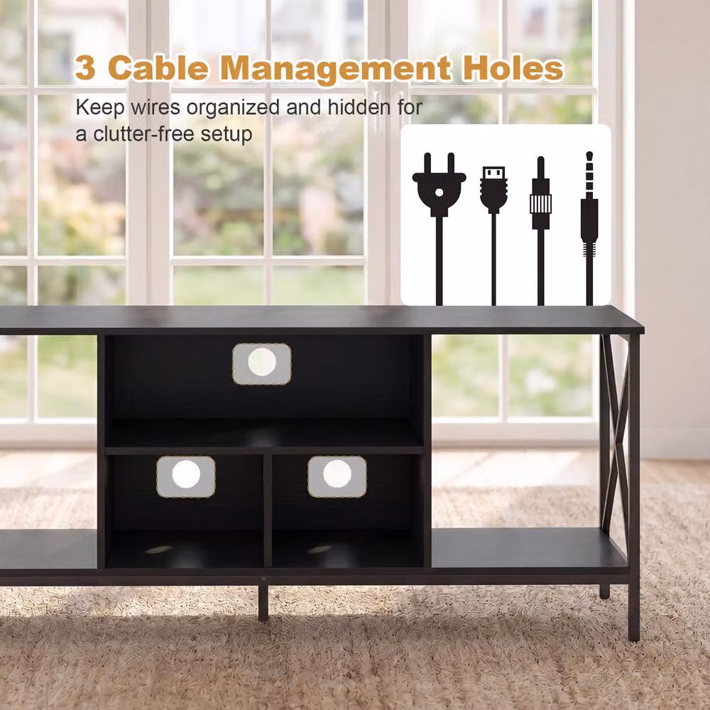 Gymax Modern Black TV Stand with Integrated LED Lighting and Power Outlets – 6