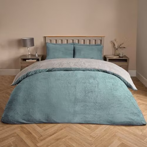 Brentfords Reversible Super King Teddy Fleece Duvet Set with Pillowcases in Duck Egg and Grey – 1