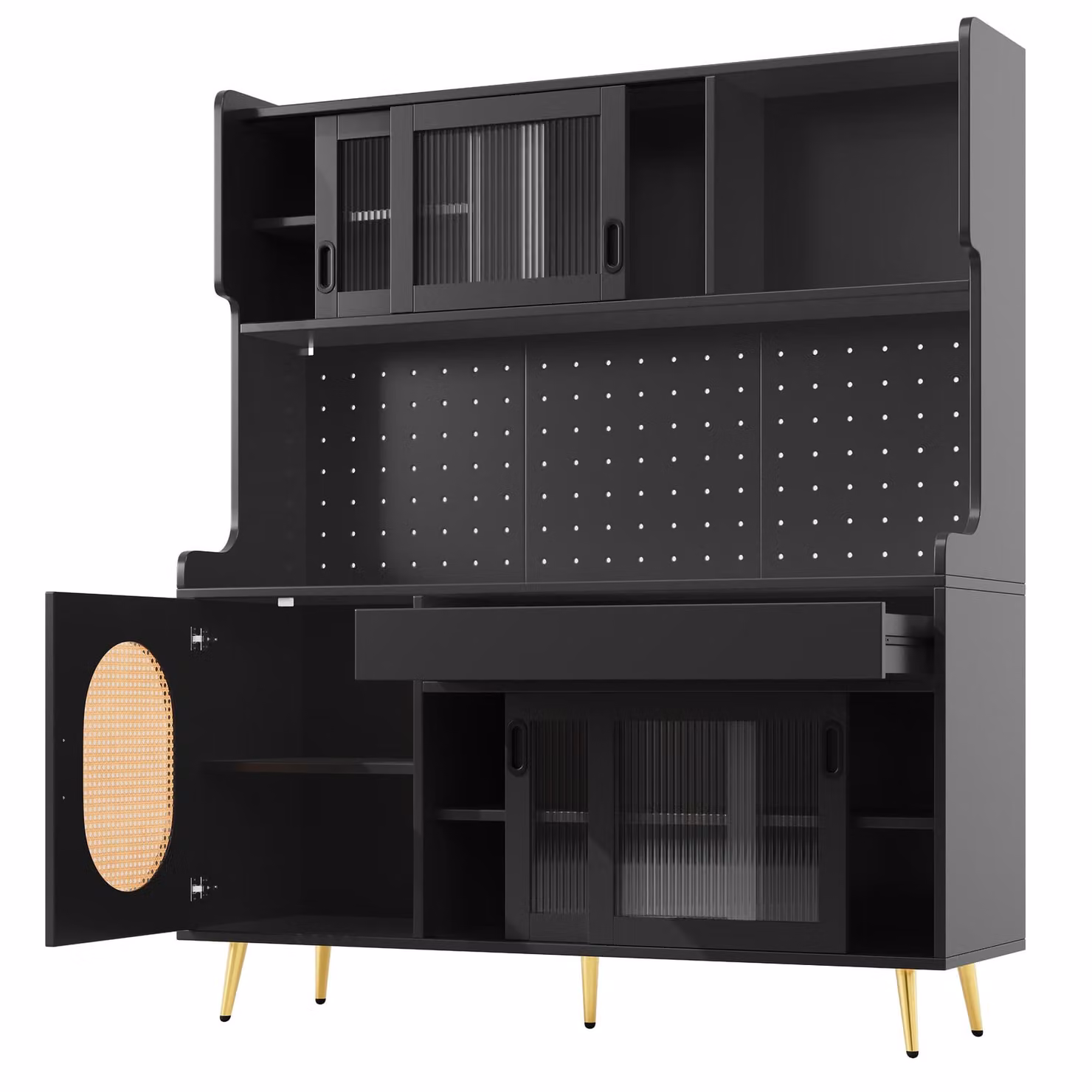 Aosom UK Country-Style Black Sideboard with Fluted Glass Doors and App-Controlled LED Lighting, W: 145 cm, D: 39 cm, H: 171 cm – 2