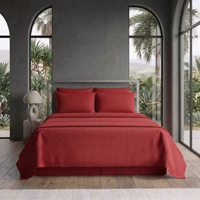 Snug City Luxury Satin Stripe T250 Cotton Rich Soft Flat Sheet Bed Linen in Red, Size: 200 x 200 cm
