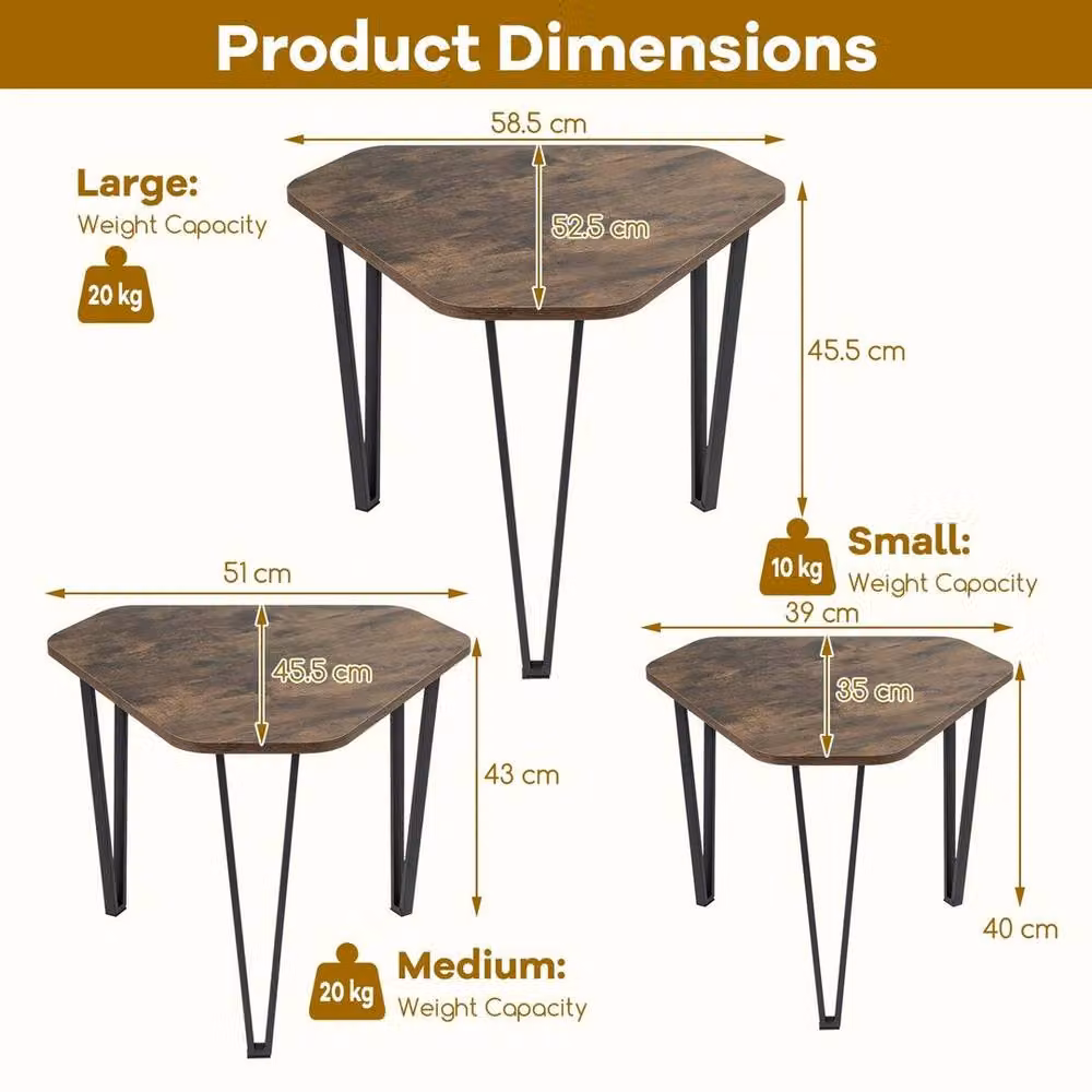 KORVIXA Set of 3 Industrial Nesting Hexagonal Coffee Tables in Brown – 2