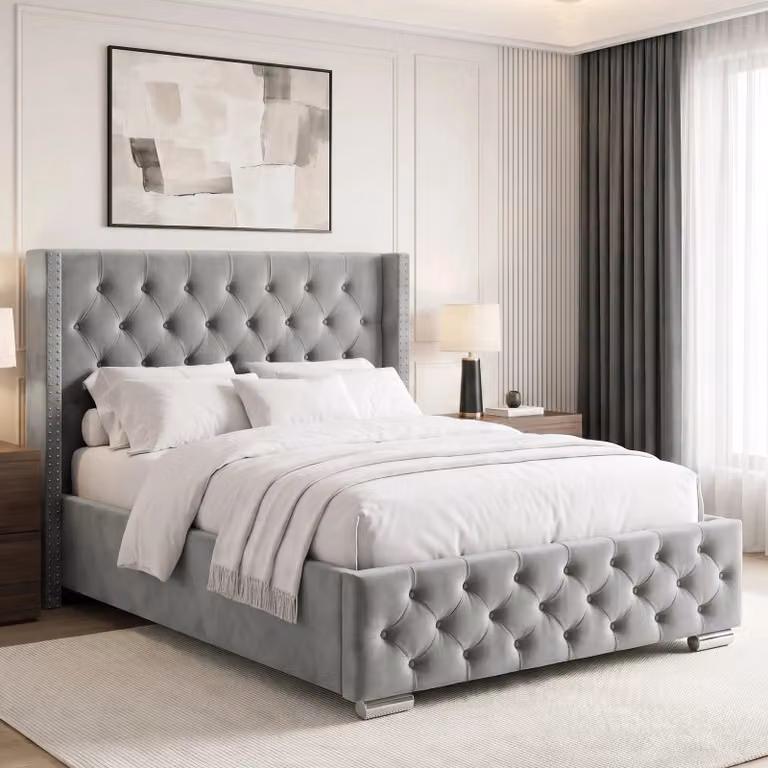 DHS Cross Pattern Velvet Winged Ottoman Storage Bed in Light Grey, Double (140 x 200 cm)