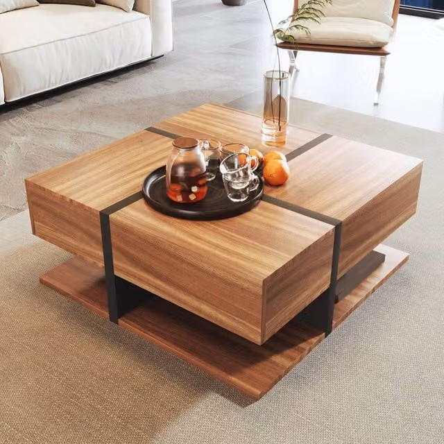 ModernLuxe Modern Square Coffee Table with 4 Drawers and Bottom Storage in Brown – 1