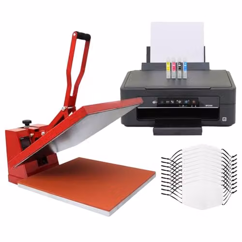 PixMax Sublimation Face Mask Printer Bundle with 38cm Clam Flat Heat Press and 10 White Blank Adult Medium 5-Layer Filter Masks – 1