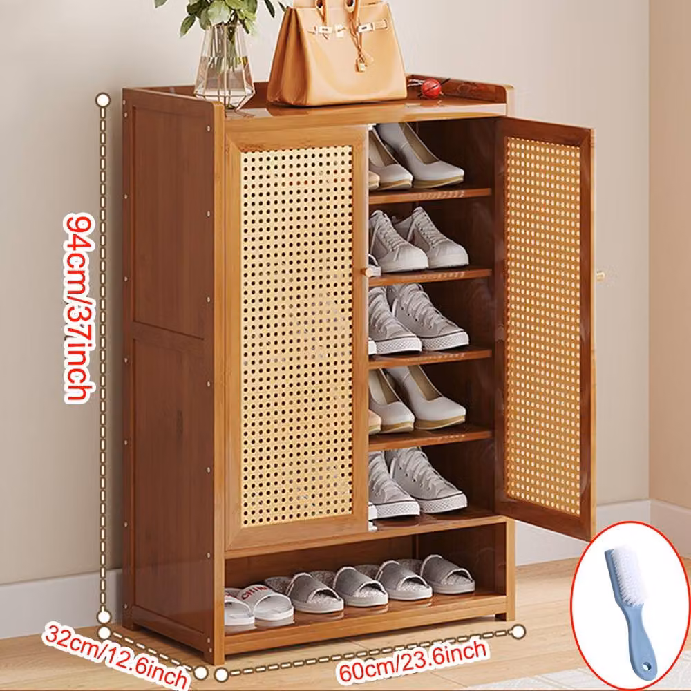 Havendro Brown Wooden Shoe Cabinet with Double Rattan Doors, W/D/H: 94 x 32 x 60 cm – 2