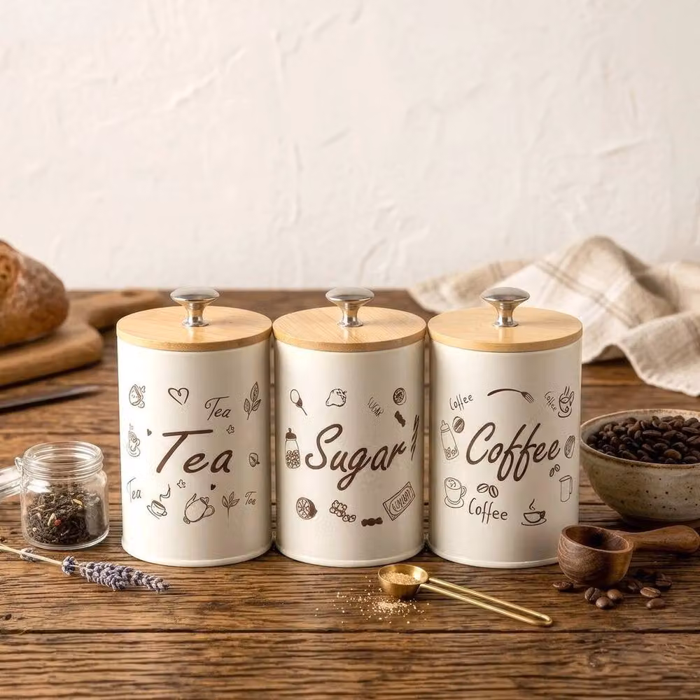 KORVIXA 3-Piece Airtight Metal Tea, Coffee and Sugar Canister Set in Multicolour and White – 4