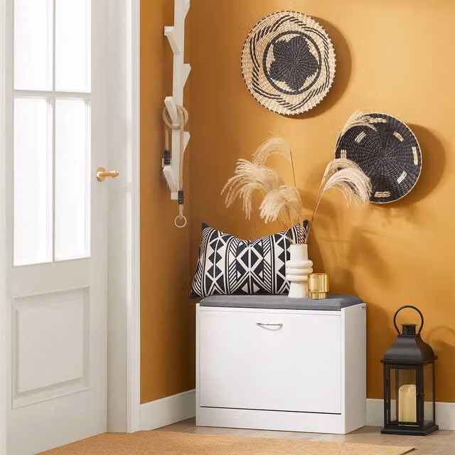 SoBuy Slim Entrance Bench and Shoe Rack in White and Grey with Fabric Cushion, W: 120 cm, H: 24 cm, D: 40 cm