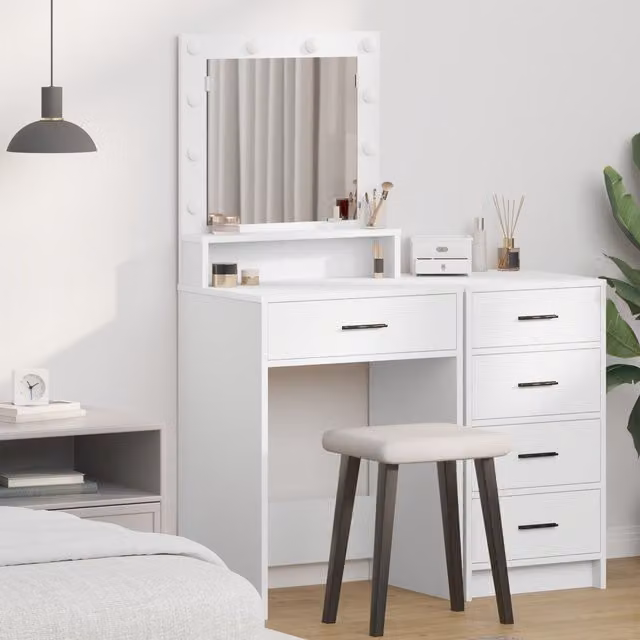 Berkfield Home Modern White MDF Vanity Table with Hollywood LED Mirror W/D/H: 50 x 41 x 135 cm