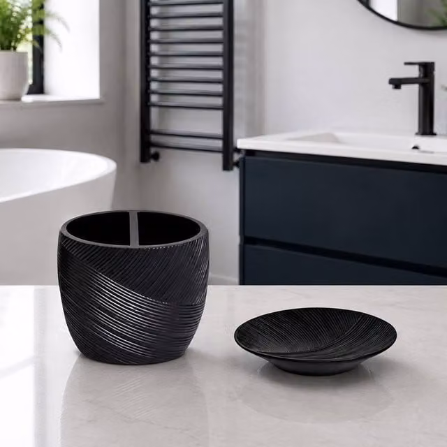 Showerdrape Ripple Black Bathroom Accessory Set including Soap Dish and Toothbrush Holder – 1