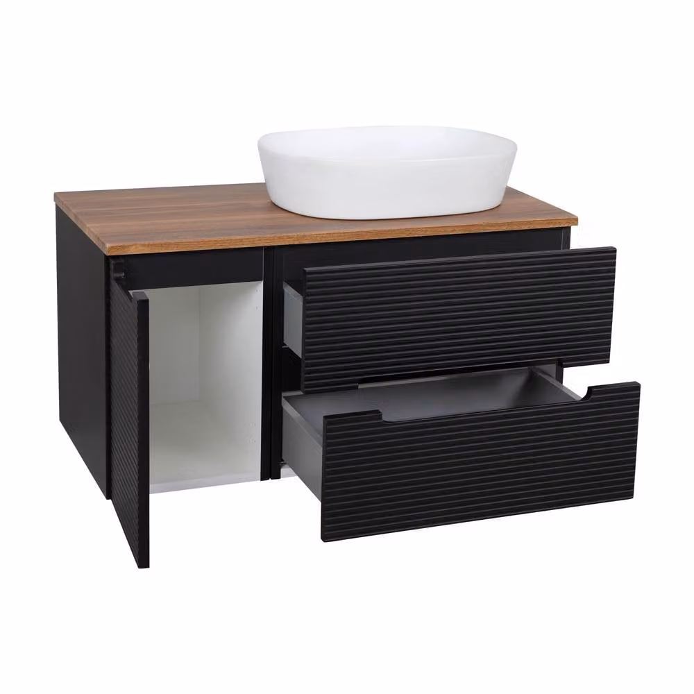 Bathroom Kingdom Monza Black and Walnut Fluted Wall Hung Vanity Basin W: 90 cm – 2