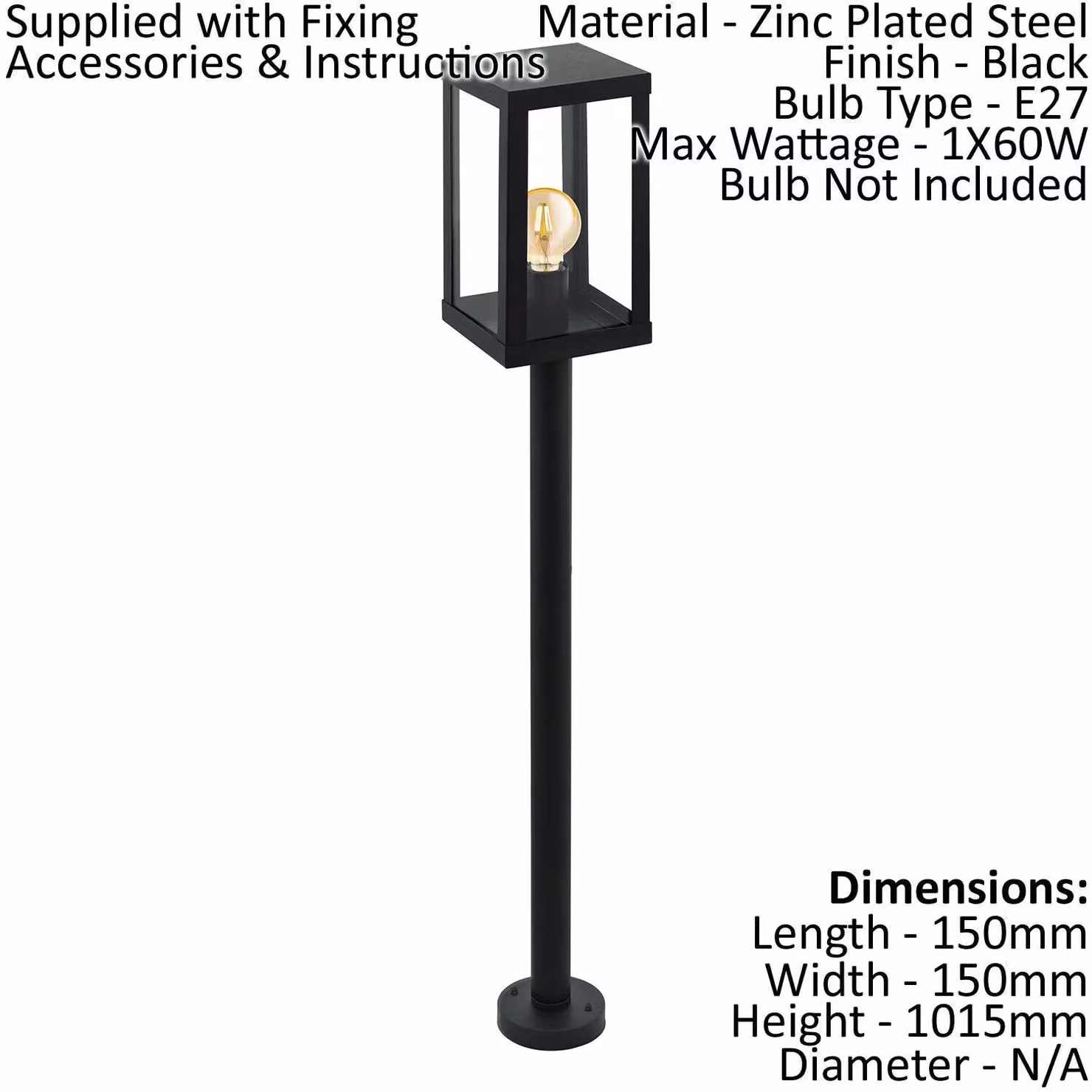 Loops IP44 Black Steel Outdoor Bollard Light with E27 Bulb Holder – 2