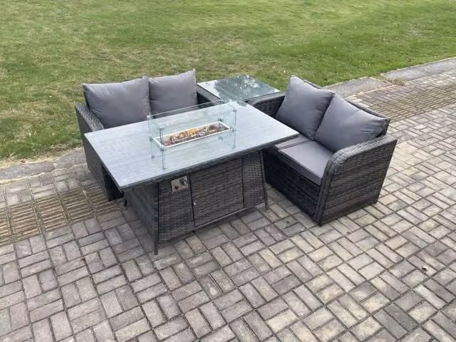 Fimous 4 Piece Rattan Garden Furniture Set with Gas Fire Pit Table in Dark Grey