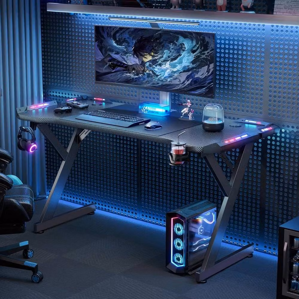 FLAVORA Black Gaming Desk with LED RGB, W: 140 cm, D: 60 cm – 2
