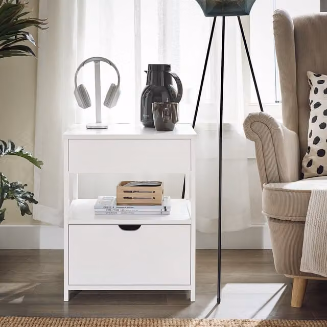 SoBuy Bedside Table with 2 Drawers and Shelf, White, W: 45 cm, D: 38 cm, H: 55 cm – 1