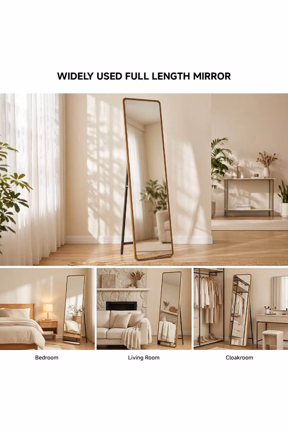 Living and Home Modern Full-Length Rectangular Freestanding Mirror in Brown and Beige – 2