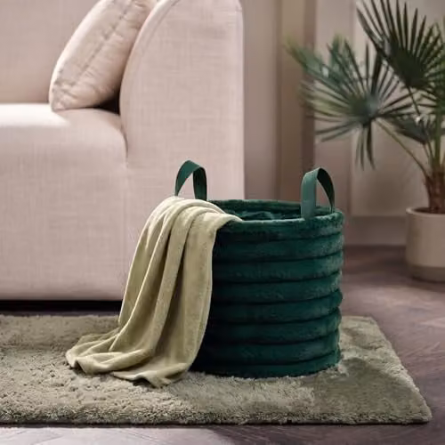 OHS Ribbed Faux Fur Storage Basket with Handles, Green, W/D/H: 30.0 x 26.0 x 23.4 cm