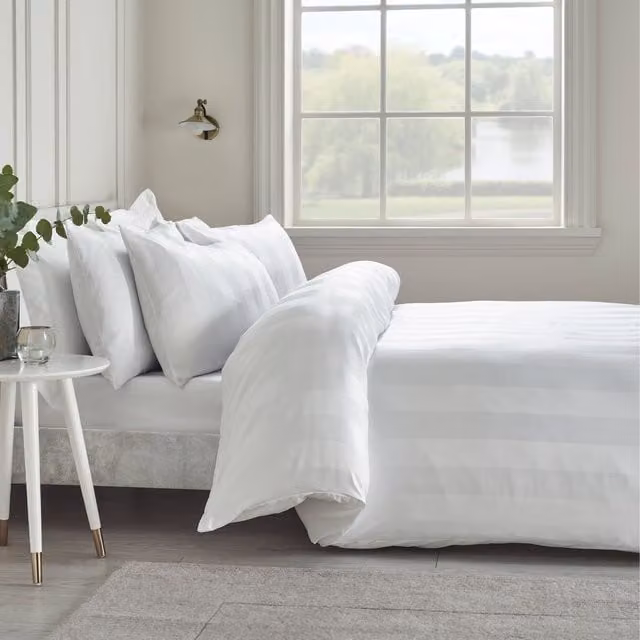 Catherine Lansfield So Soft Satin Stripe Microfibre Duvet Cover and Pillowcase Set, White, W/D/H: 200 x 200 cm and 50 x 75 cm – 1