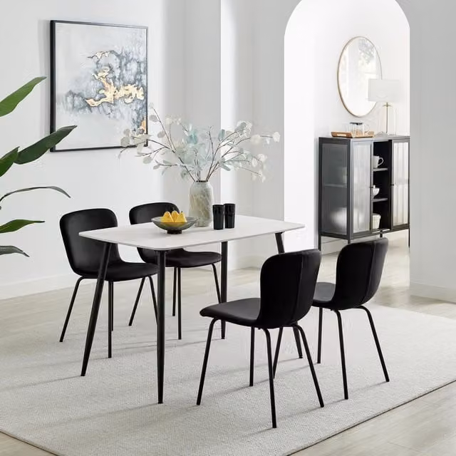 FurnitureboxUK Asti White Marble Ceramic Top Dining Table and 4 Black Velvet Chairs