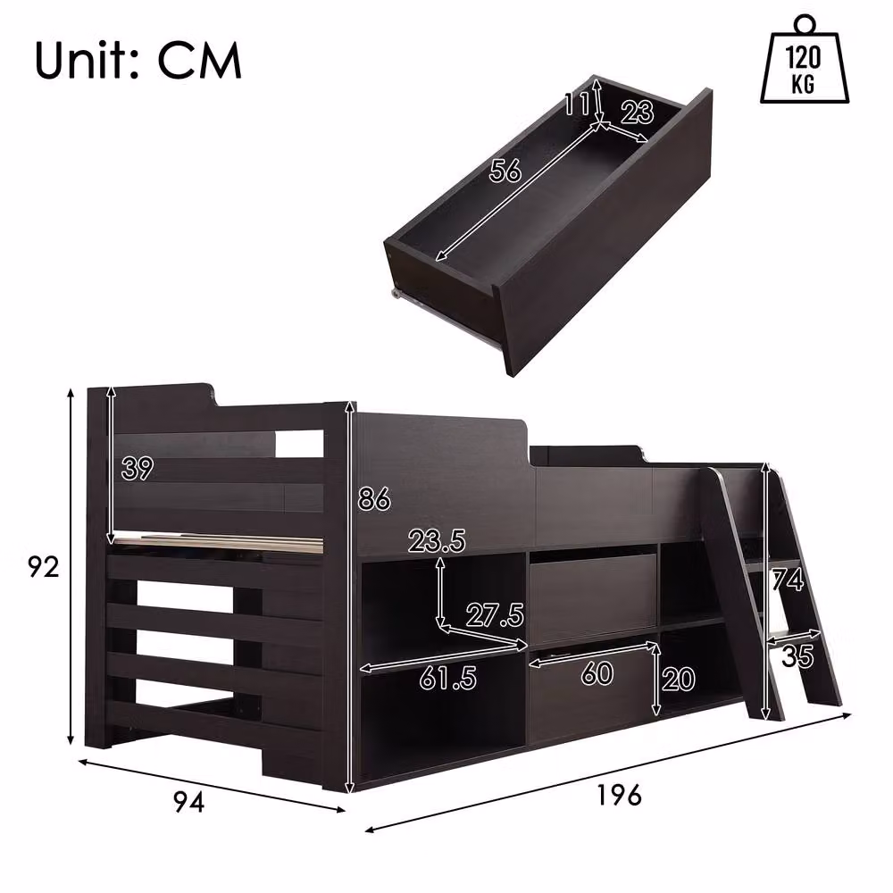 ModernLuxe Cabin Mid-Height Single Bed for Children in Taupe with Storage Drawers and Bedside Shelf – 2