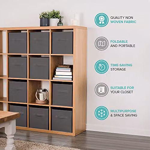 LIVIVO Set of 6 Foldable Storage Cube Boxes in Grey with Fabric Handles – 6