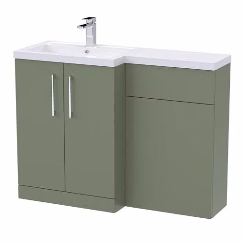 Balterley Modern Green Floor Standing Vanity Unit and WC Unit with L-Shaped Basin and Soft Close Doors – 1