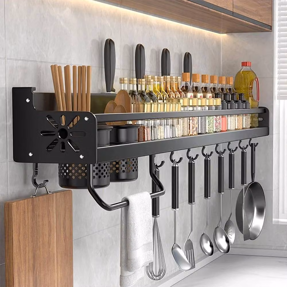 EONLION Wall Mounted Metal Kitchen Hook and Utensil Rack with Shelf, Black, Width: 100 cm – 3