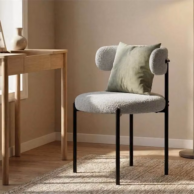Nordara Set of 2 Mid-Century Grey Bouclé Upholstered Dining Chairs with Metal Legs – 1