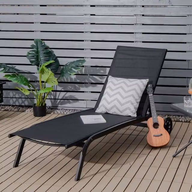 Costway Black Textilene Sun Lounger with 6-Level Adjustable Headrest and Castors
