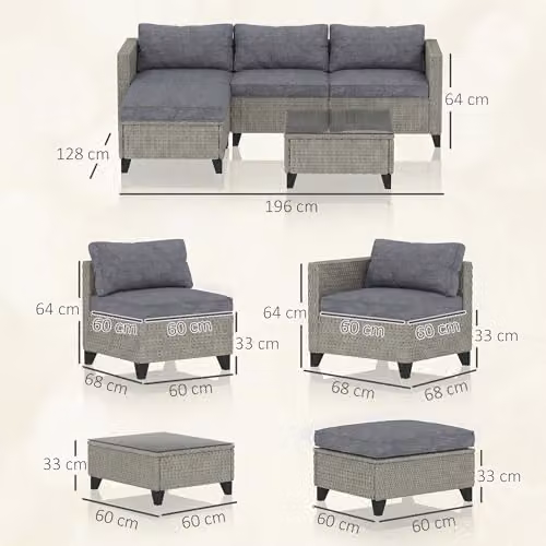 Outsunny 5-Piece L-Shape Rattan Garden Furniture Set in Grey with Ottoman, Coffee Table and Upholstered Cushions – 5