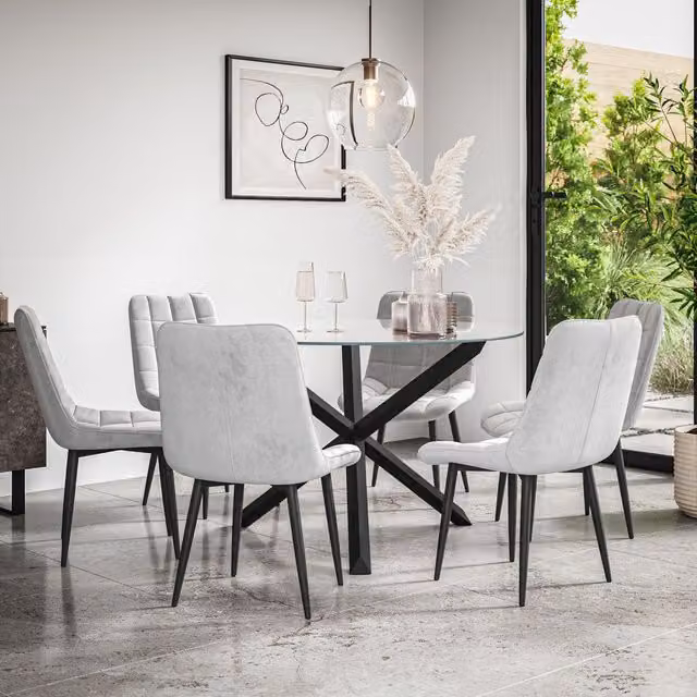 More4Homes Malvern Round Dining Table and 6 Nova Grey Velvet Dining Chairs Set with Clear Glass Top and Black Solid Oak Legs