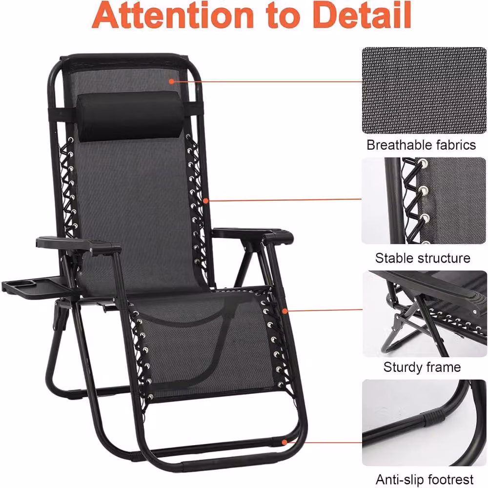 Lishetimig 2-Pack Zero Gravity Lounge Chairs in Black with Adjustable Headrest and Cup Holders – 4